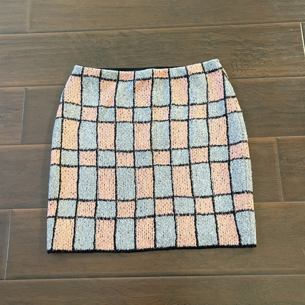 MARC CAIN Women's Grey Pink Plaid Check WOOL Blend Knee High Skirt Sz N4